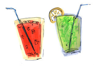 Hand drawn marker lemonade glasses. Doodle summer drinks. Illustration isolated on white background. Design elements