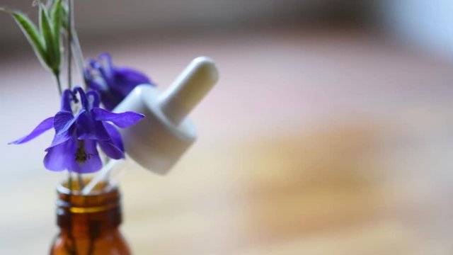 Purple flowers emerging from a medical bottle with pipette on a wooden table