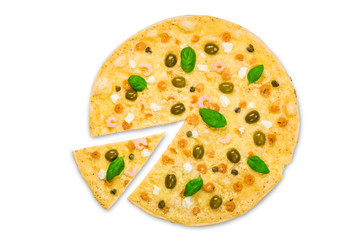 Delicious seafood pizza with salmon and olives