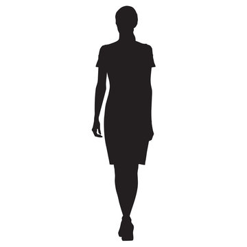 Business woman walking, front view, vector silhouette