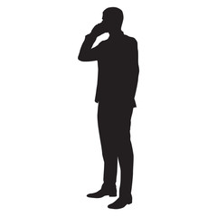 Working businessman with cell phone, vector silhouette