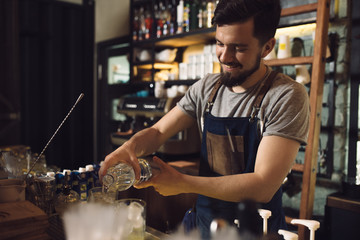 Young male bartender preparing an alcohol cocktail