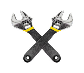 Two shiny silver metal adjustable wrench on white background
