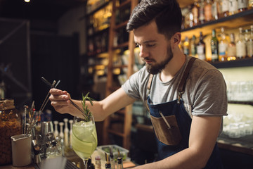 Young male bartender preparing an alcohol cocktail - obrazy, fototapety, plakaty