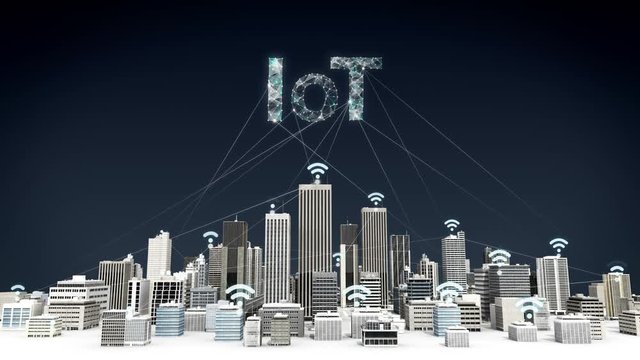 Things WI-FI icon on Smart city, connecting grid typo 'IOT' 