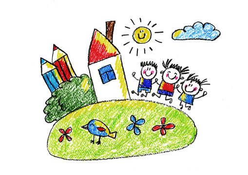 Kids drawing Happy boys and girls Kindergarten or school image Crayon illustration with happy children Happy school children