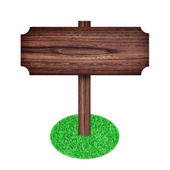 Wooden sign on grass isolated on white background