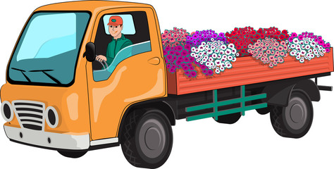 Truck transports flowers.