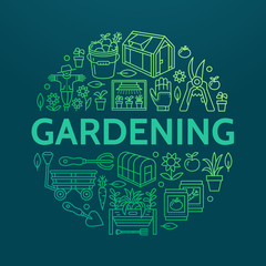 Gardening, planting horticulture banner with vector line icon. Garden equipment, organic seeds, green house, pruners watering can, tools. Vegetables, flower cultivation poster with place for text.