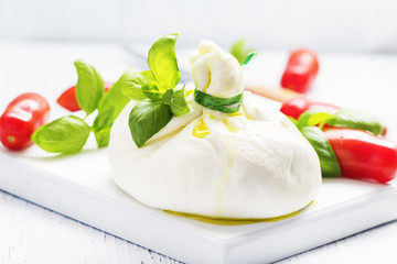 Italian burrata cheese with basil onion olive oil on white   plate on light background. Selective focus, free text space.