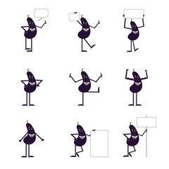 Naklejka premium Set of eggplants emotion icons on white stock vector illustration