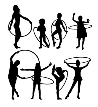 Little Girl Playing With Hula Hoop Silhouettes, art vector design