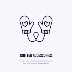 Illustration of woolen mittens. Knitted clothing shop line logo. Vector flat sign for atelier or garment shop.