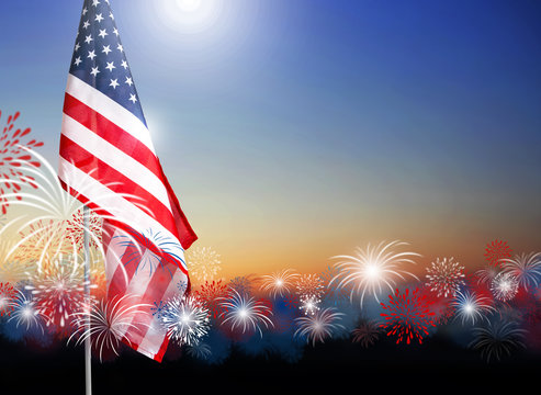 American flag with fireworks at twilight background design for 4 july independence day or other celebration