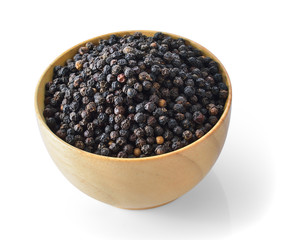 black pepper in wood bowl on white background