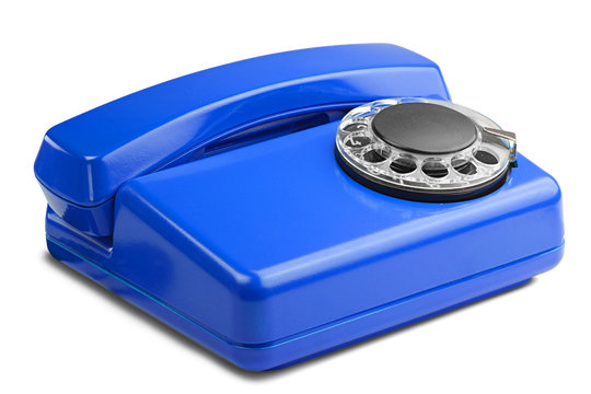Landline blue phone on isolated background with a shadow