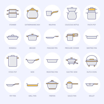 Pot, pan and steamer flat line icons. Restaurant professional equipment signs. Kitchen utensil - wok, saucepan, eathernware dish. Thin colored linear signs for commercial cooking store.