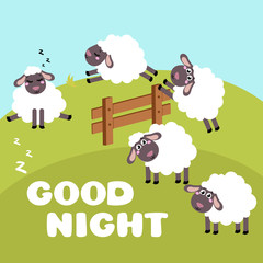 Counting sheep to fall asleep. Cartoon happy jumping sheep for baby. Cartoon character goat on meadow. Sweet dreams or insomnia. Good night sleep metaphor. Vector illustration