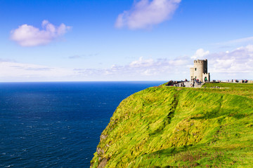 Cliffs of Moher and O'Brien's tower, west coast of Ireland, County Clare at wild atlantic ocean