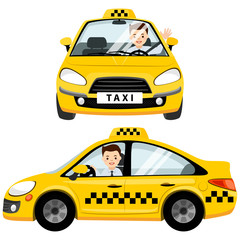 Yellow taxi car and taxi driver. He is fastened with a seat belt in the cabin. Vector flat illustration isolated on white background