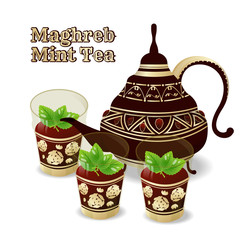 Moroccan tea. Peppermint in antique glass on a white background with a old kettle. Maghreb Mint Tea. Arabic Traditional Concept. Vector/Illustration