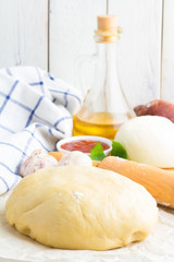 Ingredients and dough for pizza on a white background.