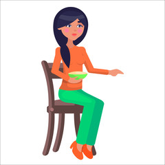 Fototapeta premium Young Woman on Chair with Dietary Food Flat Vector
