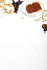 Vertical mockup with pieces of chocolate cake, white roses and delicious cookies. Chic branding concept