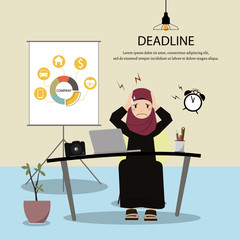Muslim woman works hard and has headache because she did not complete her work. Feeling sick and tired.Vector/Illustration