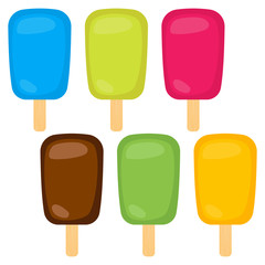 Set of vector illustration of ice cream. Multicolored creamy ice cream on a wooden stick
