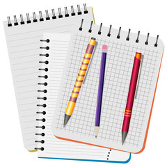 Three notebooks,  yellow  pen, red pen and purple pencil on a white background
