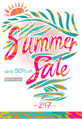 Summer Sale beautiful background with hand drawn tropical leaves and sunrise.