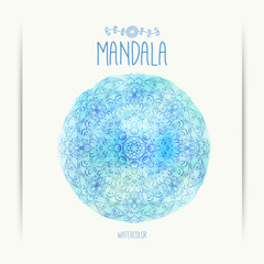 Mandala on the watercolor background. Bohemian style. Greeting, invitation card. Elements for design. May be used for textile, coloring book, phone case, t-shirt print.