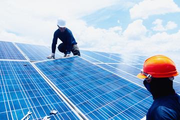engineer and electrician team swapping and install solar panel ; electrician team checking hot spot...