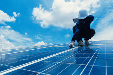 engineer and electrician team swapping and install solar panel ; electrician team checking hot spot...