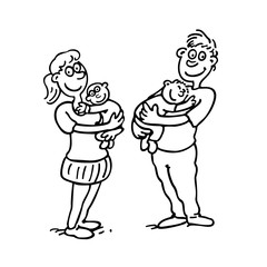 mom dad hold baby. outlined cartoon drawing sketch illustration vector.