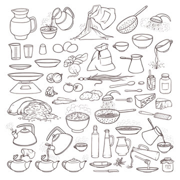 Vector black and white sketch collection set of food products, beverages and kitchen utensils. Brew tea and coffee, cooking pasta, pour olive oil and honey. Fresh vegetables, flour and grain in bag.