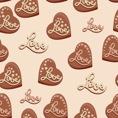 Chocolate hearts with the inscription Love. Candies. Seamless pattern. Design for textiles, napkins, tapestries, tablecloths, wrapping paper