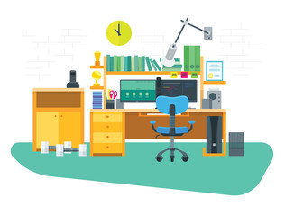 Flat illustration workplace with two monitors