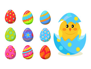 Newborn Chick Hatch from Shell and Eggs Set Vector