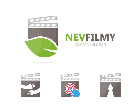Vector of clapperboard and leaf logo combination. Cinema and eco symbol or icon. Unique organic and video logotype design template.