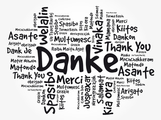 Danke (Thank You in German) Word Cloud background, all languages, multilingual for education or thanksgiving day