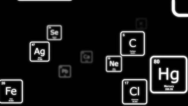 White chemical elements from the periodic table floating by on a black background. Seamlessly loopable animation.