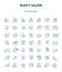 Vector graphic set.Isolated Icons in flat, contour, thin, minimal and linear design.Beauty saloon.Care of hair, face and body. Beauty treatments.Concept illustration for Web site.Sign,symbol, element.
