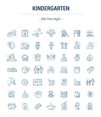Vector graphic set. Icons in flat, contour, thin, minimal and linear design.Kindergarten. Establishment of public education of children. Concept illustration for Web site.Sign,symbol, element.