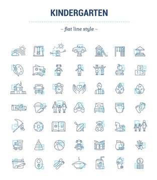 Vector graphic set. Icons in flat, contour, thin, minimal and linear design.Kindergarten. Establishment of public education of children. Concept illustration for Web site.Sign,symbol, element.