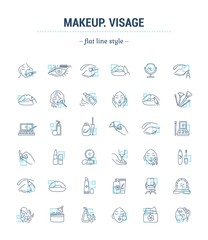 Vector graphic set.Isolated Icons in flat, contour, thin, minimal and linear design.Makeup silhouette.Stylist is a makeup artist.Applying makeup.Concept illustration for Web site.Sign,symbol, element.