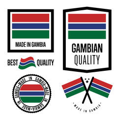 Gambia quality isolated label set for goods. Exporting stamp with gambian flag, nation manufacturer certificate element, country product vector emblem. Made in Gambia badge collection.