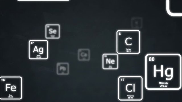 White chemical elements from the periodic table floating by on a blackboard. Seamlessly loopable animation.