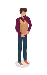 Man with Paper Bag Buying Daily Products Vector  